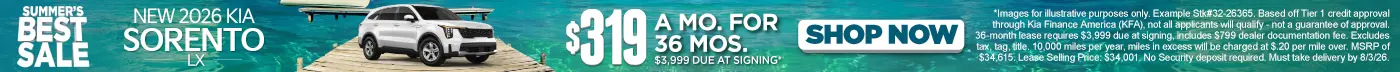 New 2026 Kia Sorento LXS "Lease for $319/mo for 36 months* $3,999 due at signing"