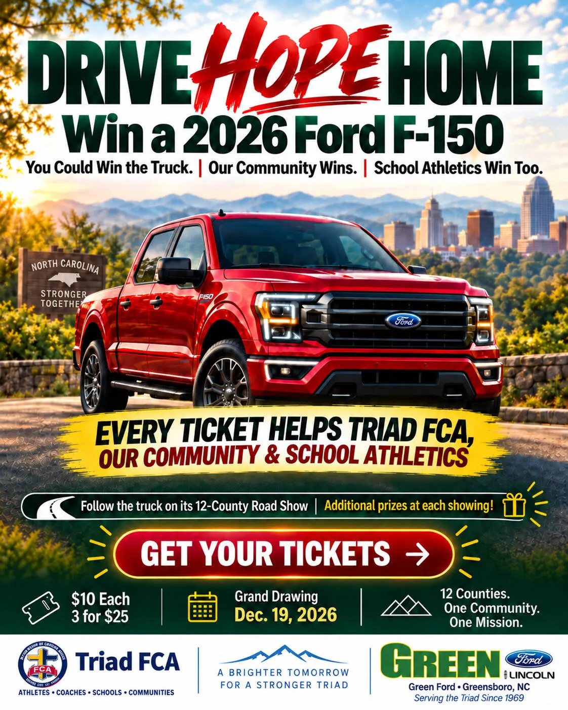 Drive Hope Home: win a 2026 Ford F-150. Tickets are $10 each or 3 for $25. Grand drawing Dec. 19, 2026.