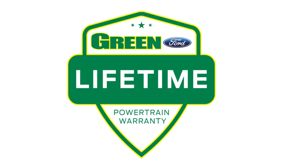 Green Ford Lifetime Powertrain Warranty badge