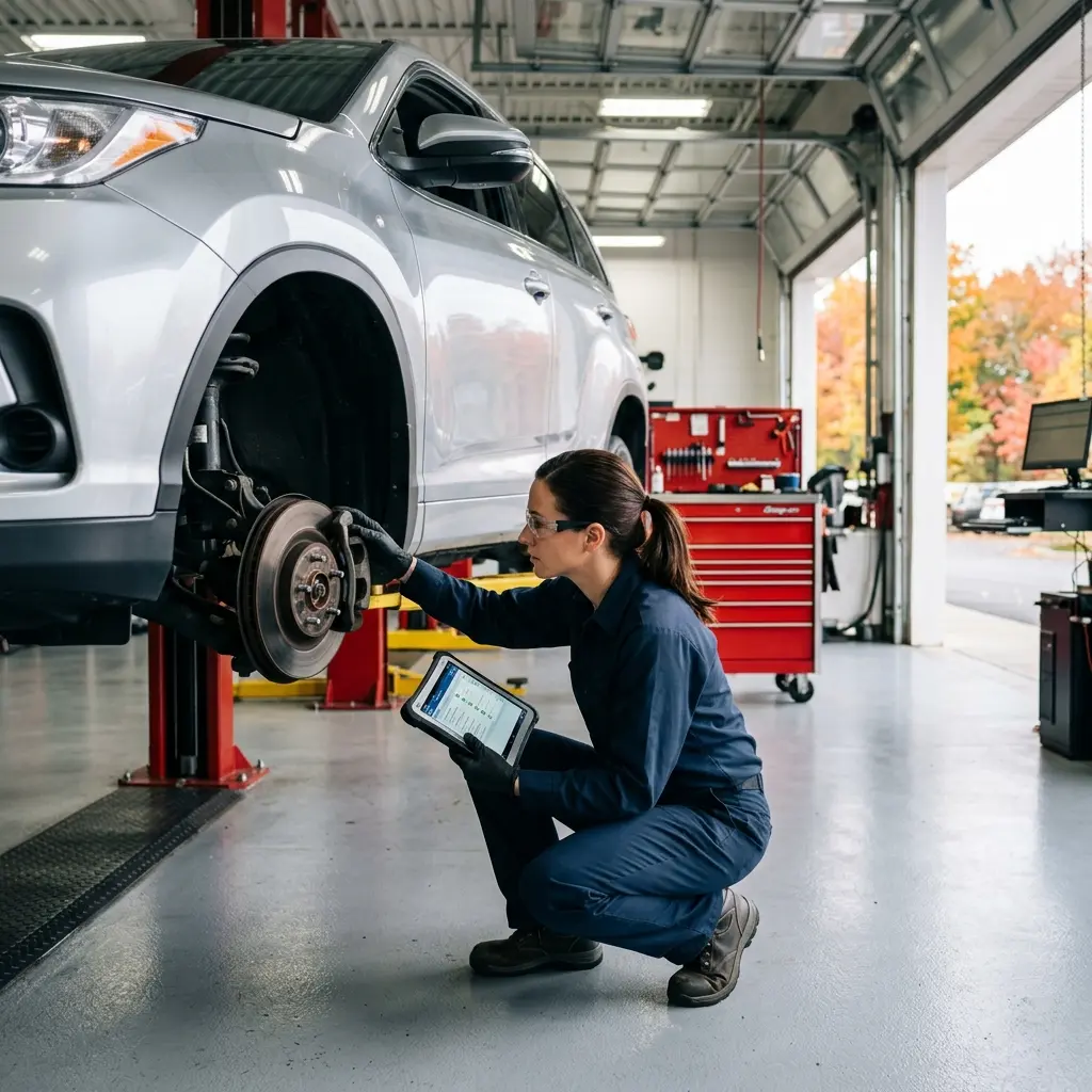 Female mechanic crouching to inspect a car brake assembly while using a digital tablet in a clean auto shop. (Representative image for illustration purposes only. Actual vehicle may vary based on trim and configuration.)