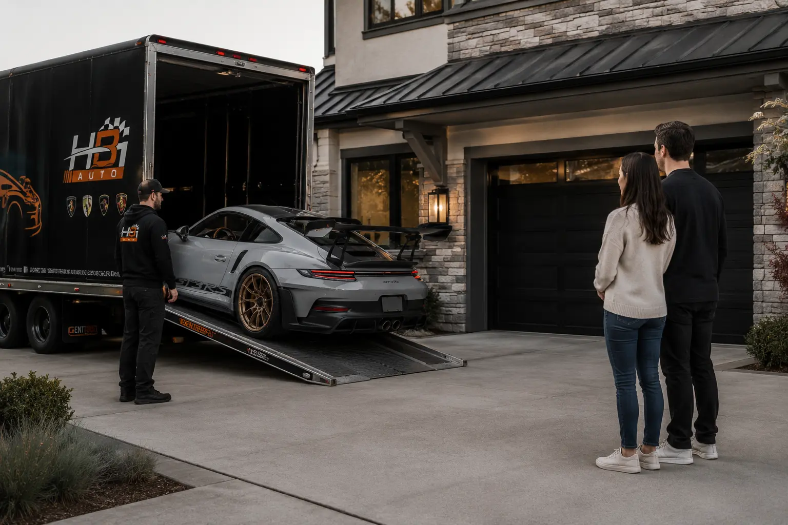 HBi transporter delivering a protected Porsche GT3 RS