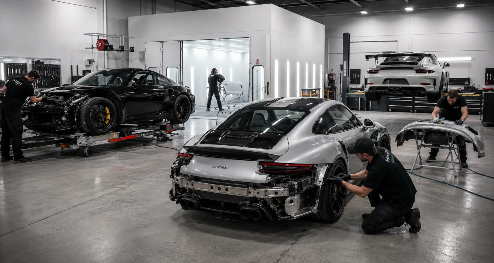 Porsche and exotic collision repair inside the HBi Auto body shop