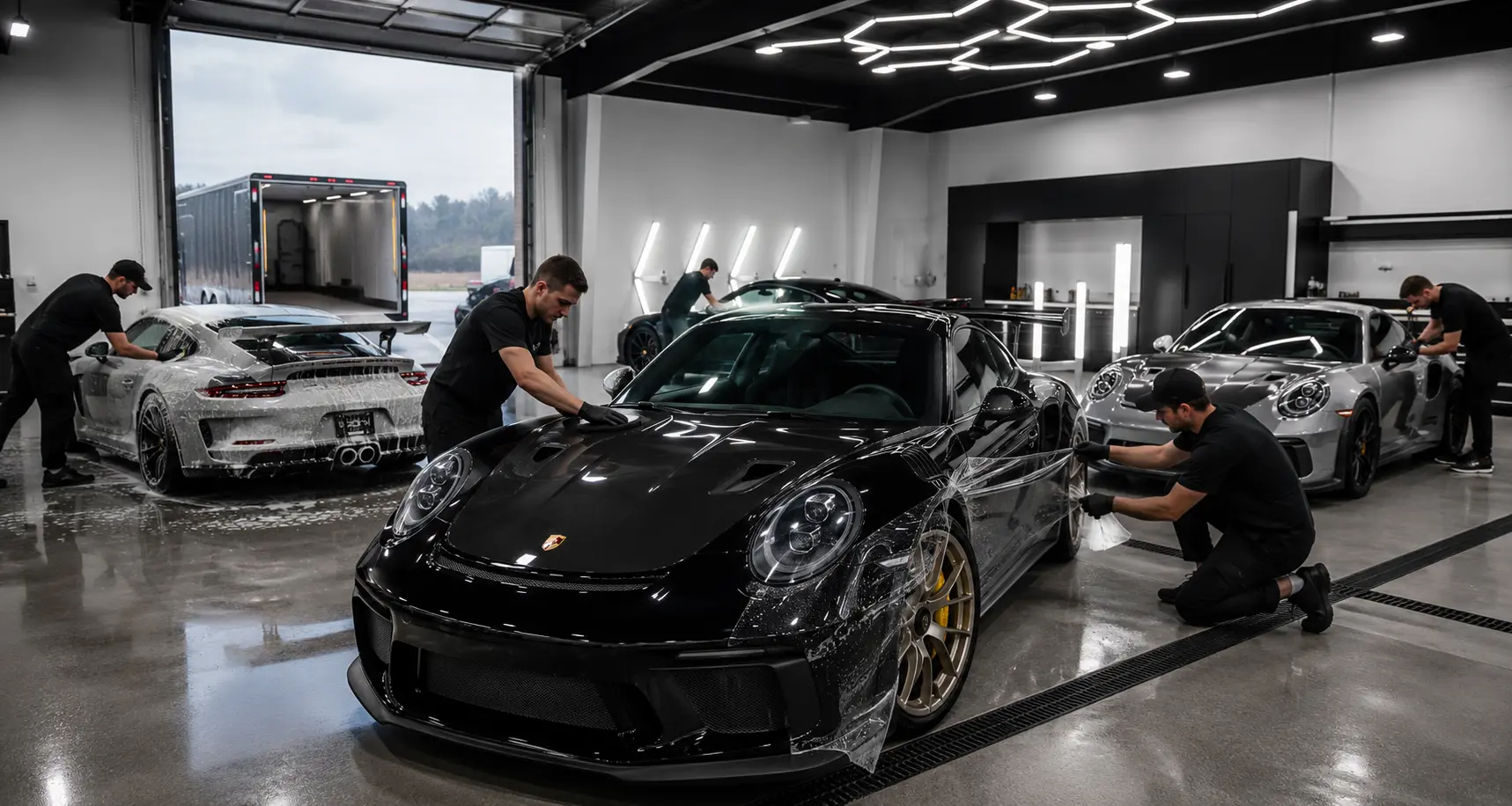 Porsche receiving paint correction and XPEL paint protection at HBi Auto