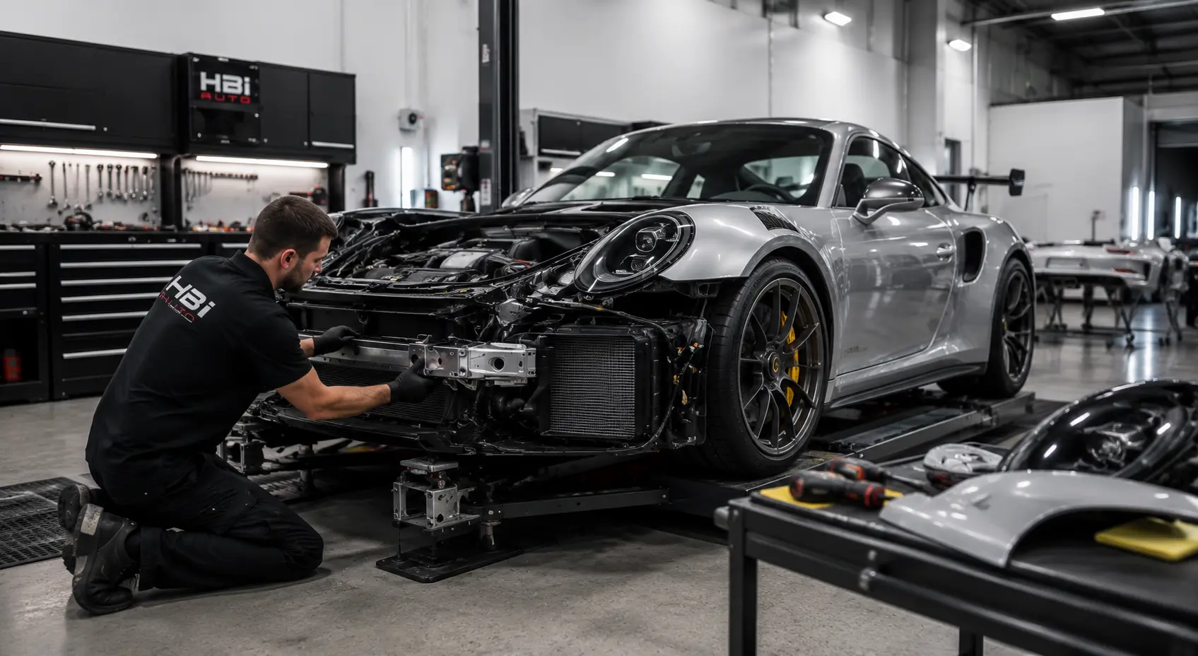 HBi Auto technician assembling a Porsche or exotic after body and paint repair