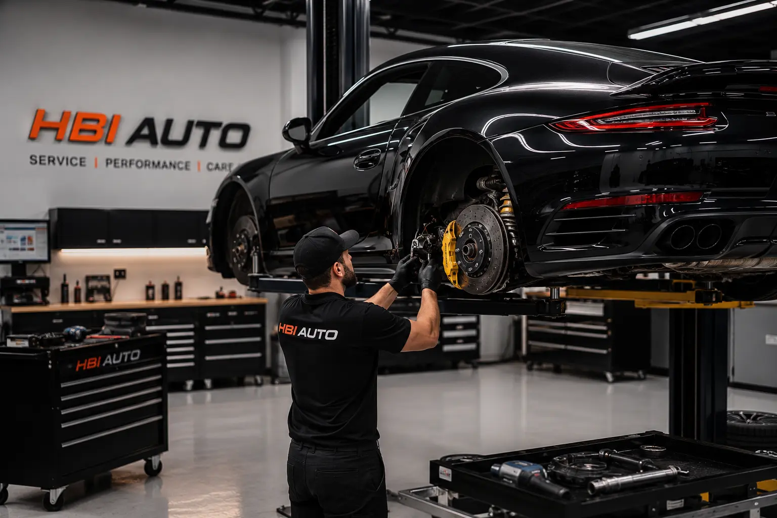 Technician reviewing an HBi digital inspection with a Porsche on a lift.