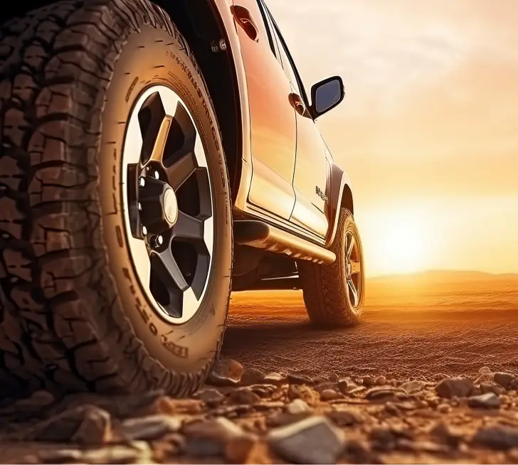 Close-up of a pickup truck tire on rocky desert terrain at sunset.