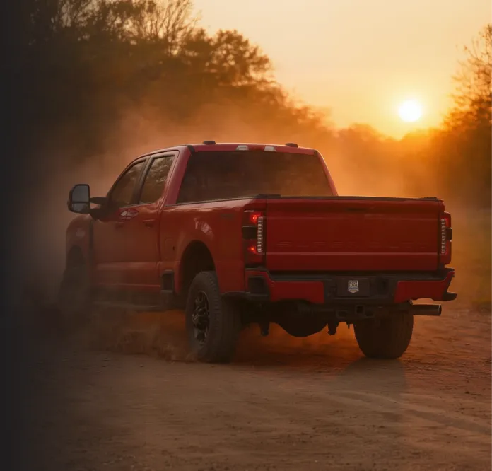 Red pickup truck driving on a dusty road at sunset.