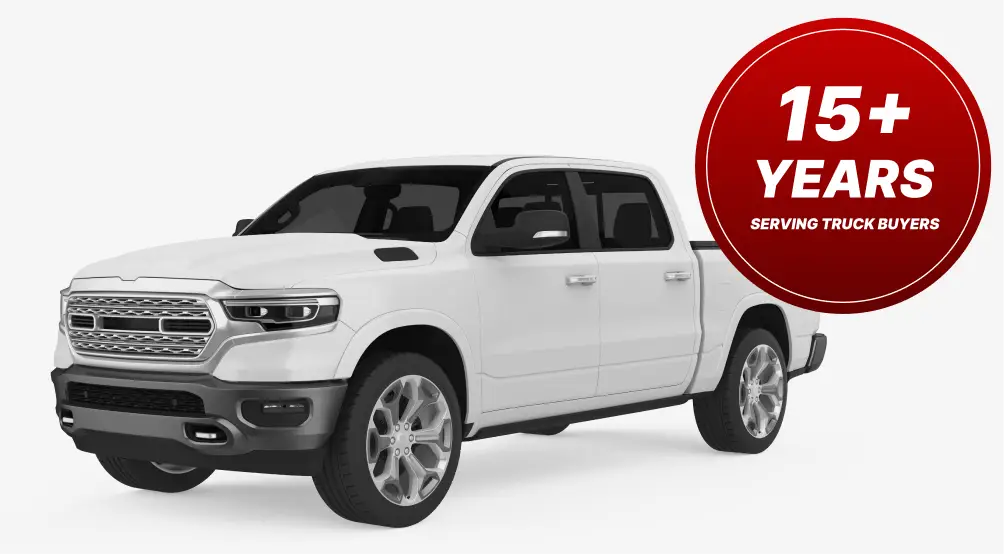 White pickup truck with badge indicating over 15 years serving truck buyers.