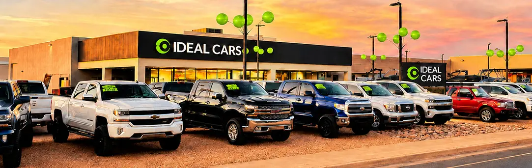 Used car dealership exterior storefront Ideal Cars Broadway
