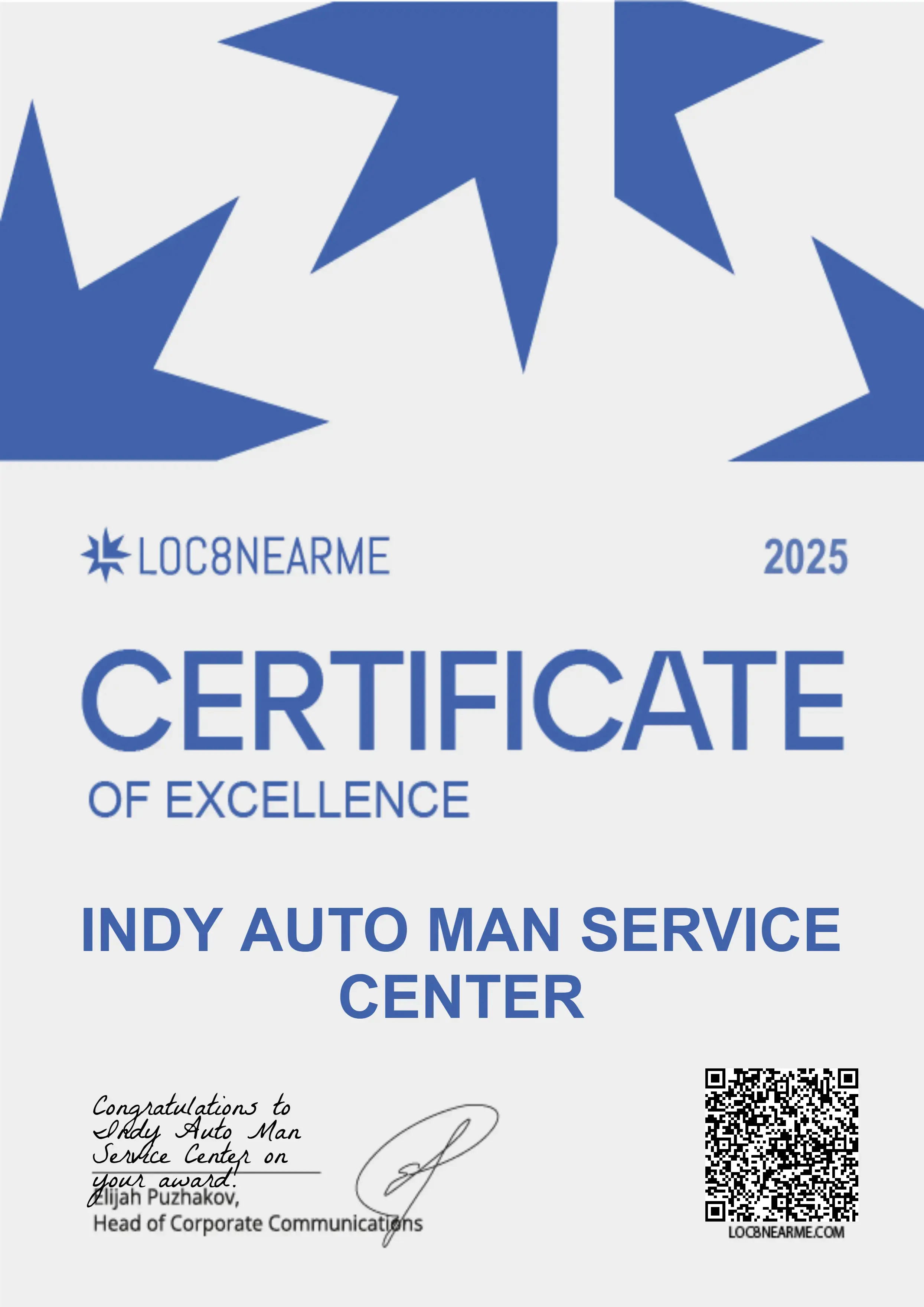 Indy Auto Man Service Certificate of excellence 2025