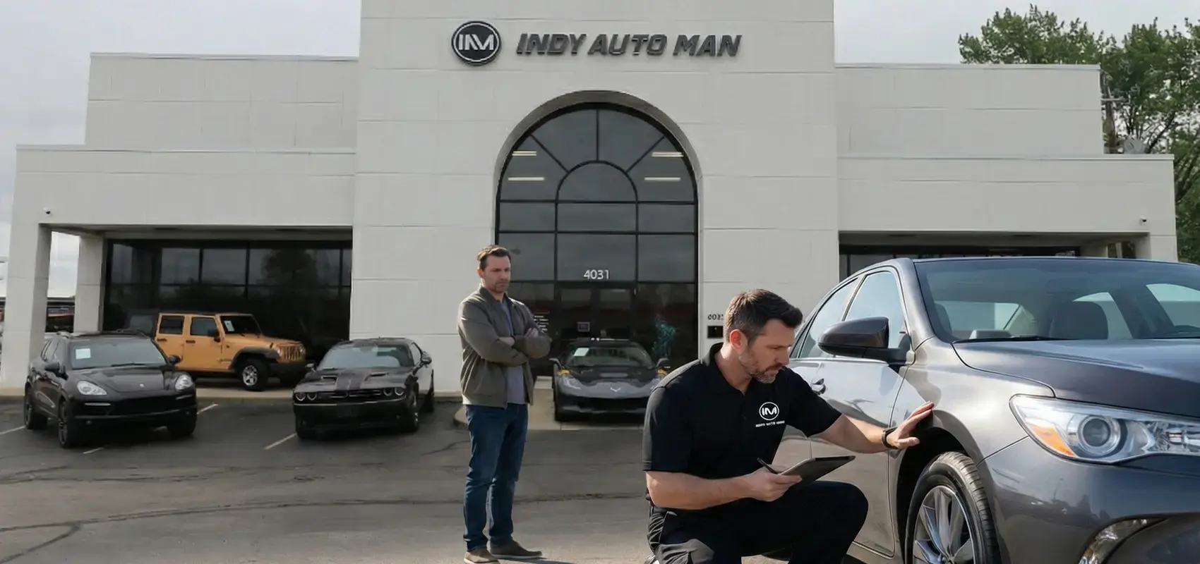 a sales person with a customer performing external inspection