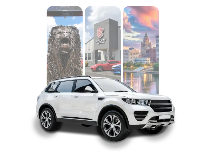 SUV from Integrity Motors with city skyline background.