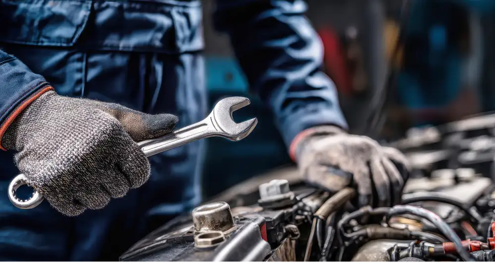 Mechanic holding a wrench while working on a vehicle engine