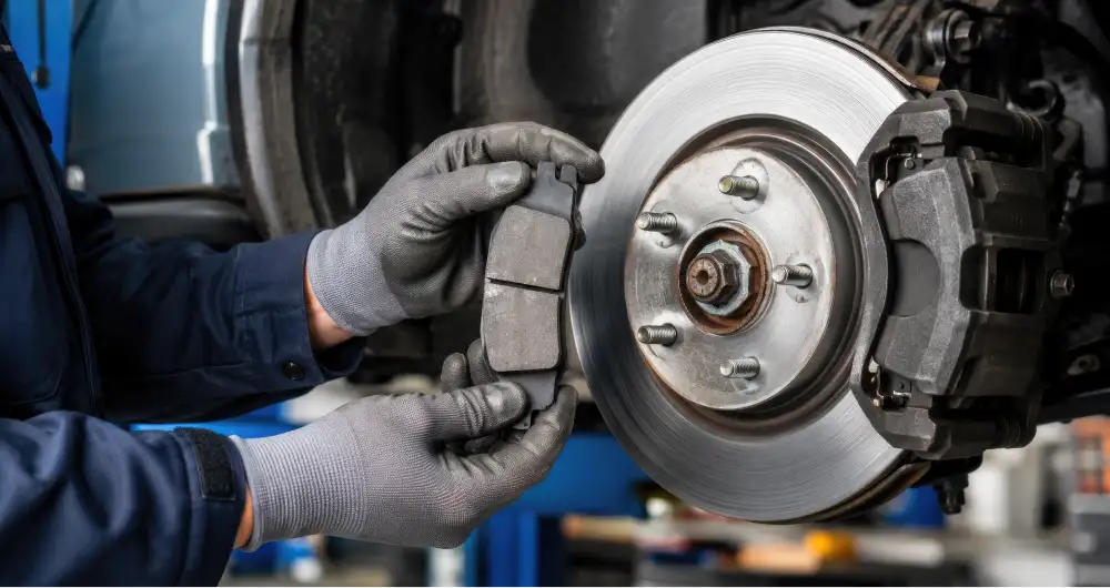 Technician holding brake pads beside a vehicle’s brake system