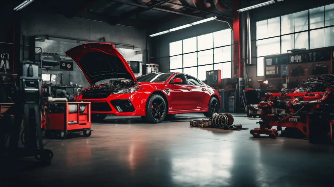 Red car receiving service inside an auto repair shop in Colorado Springs