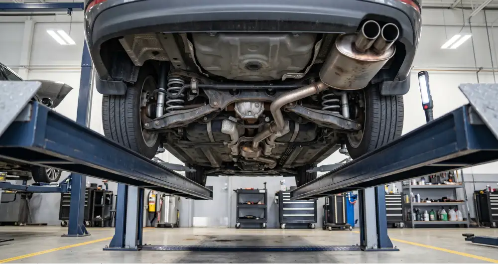Vehicle exhaust system being inspected on a service lift