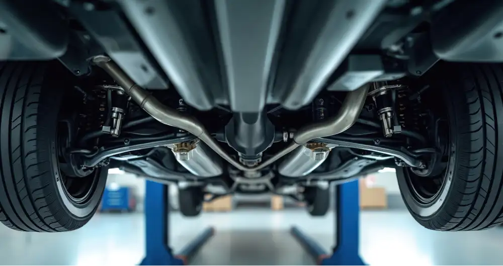 Close-up of a car’s exhaust and undercarriage components