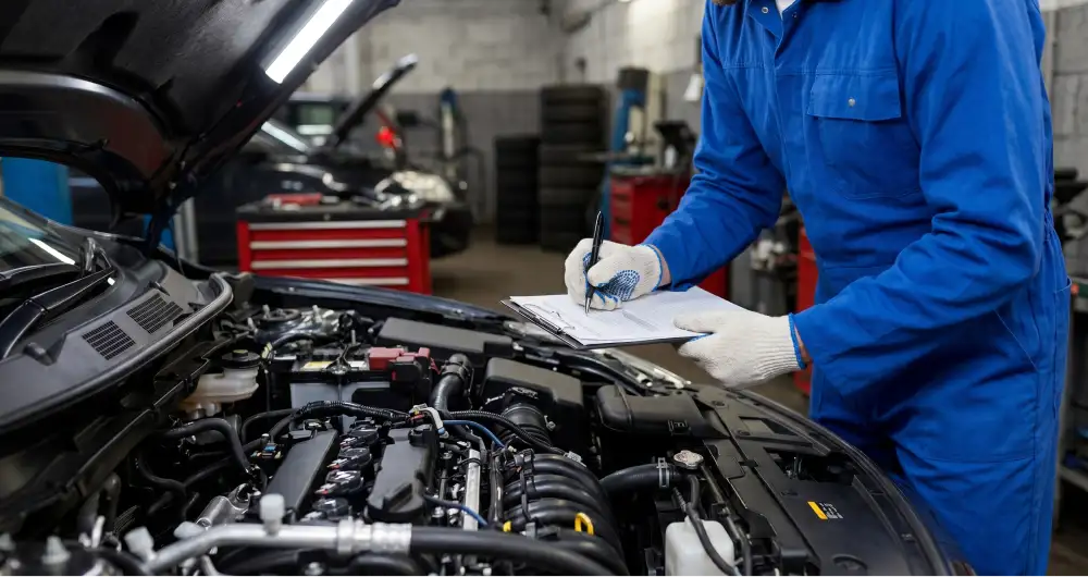 Technician inspecting a vehicle engine and recording diagnostic findings