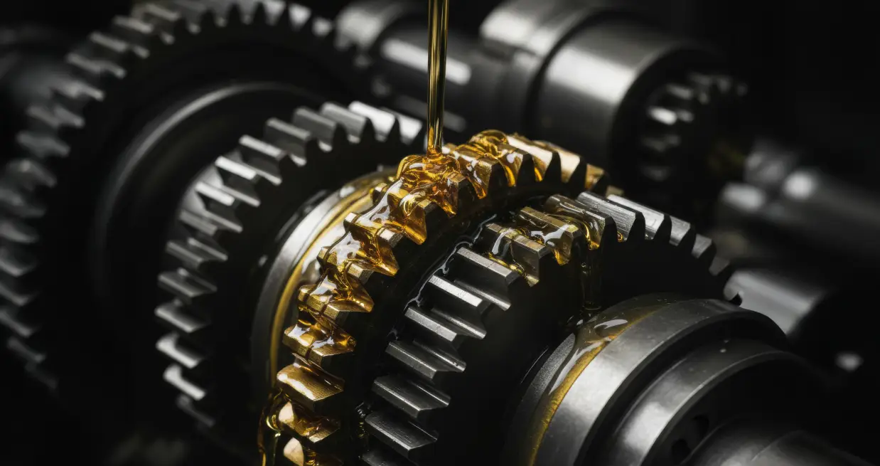Close-up of transmission gears being lubricated during service