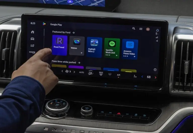 Ford center touchscreen showing streaming app icons including Prime Video and YouTube