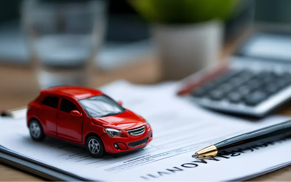 Miniature car on auto loan paperwork with calculator in background representing vehicle financing.