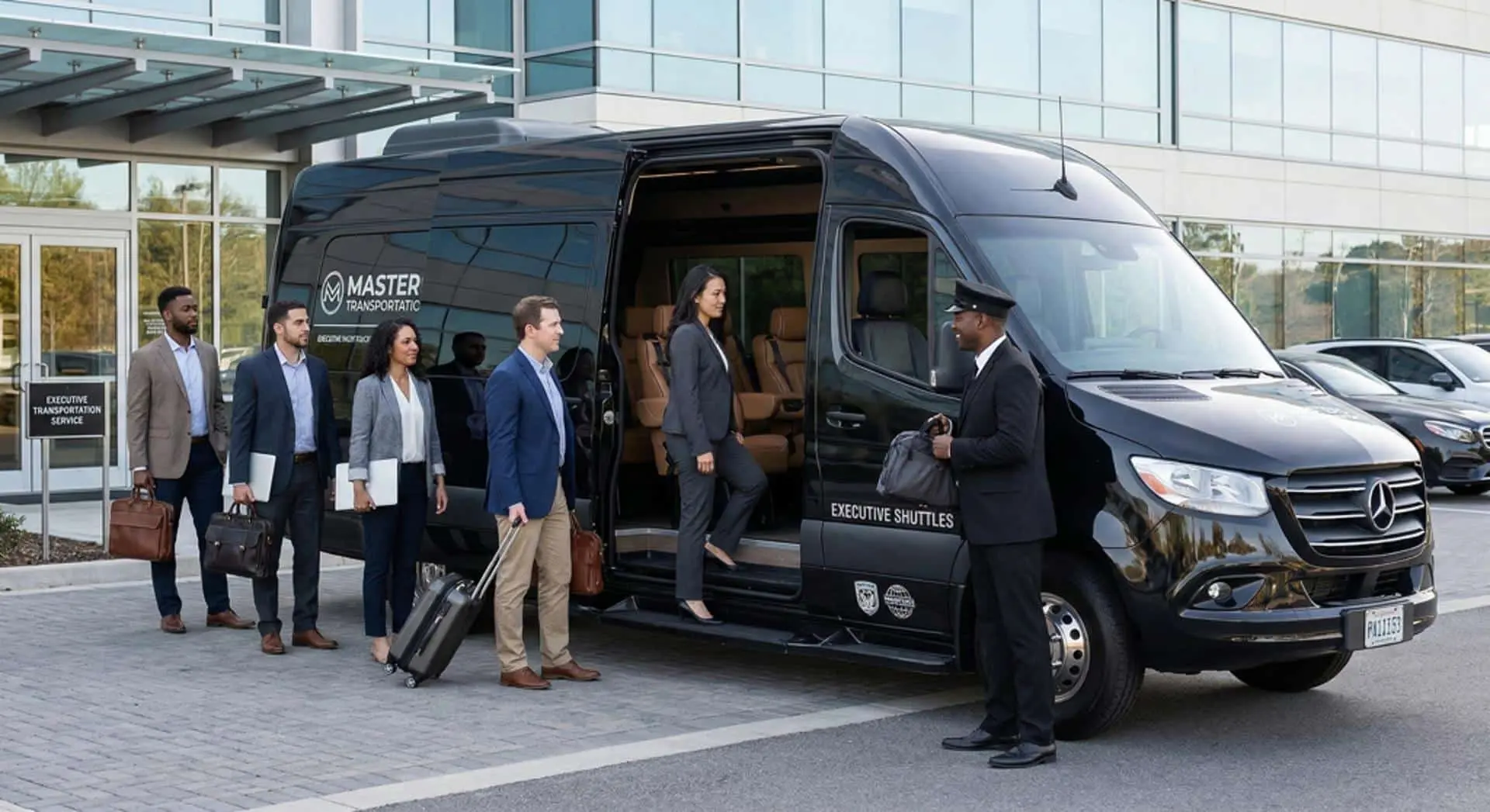 Corporate team boarding an executive Sprinter shuttle in Denver
