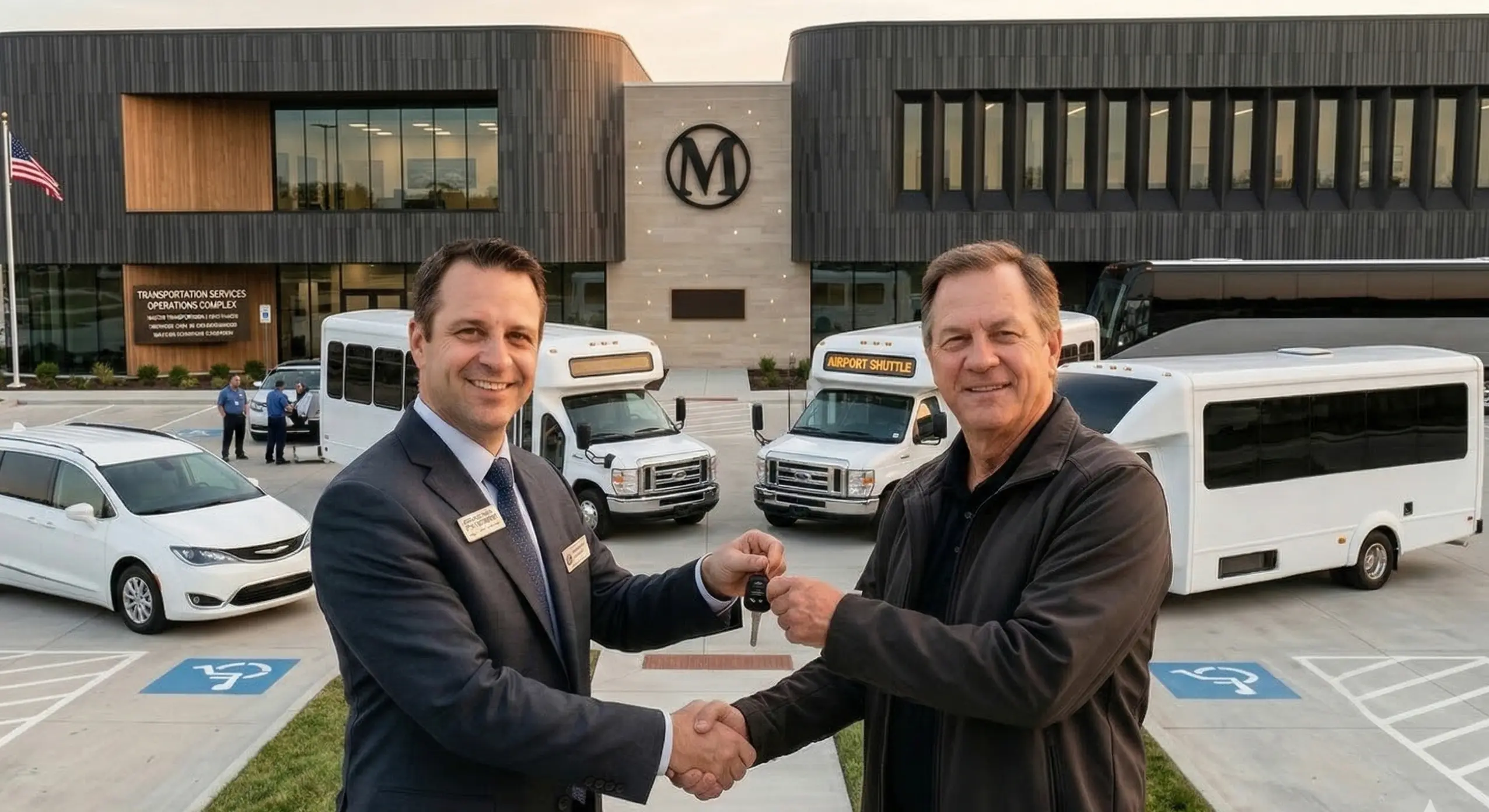 Handing over keys / Handshake for a commercial bus lease in Denver