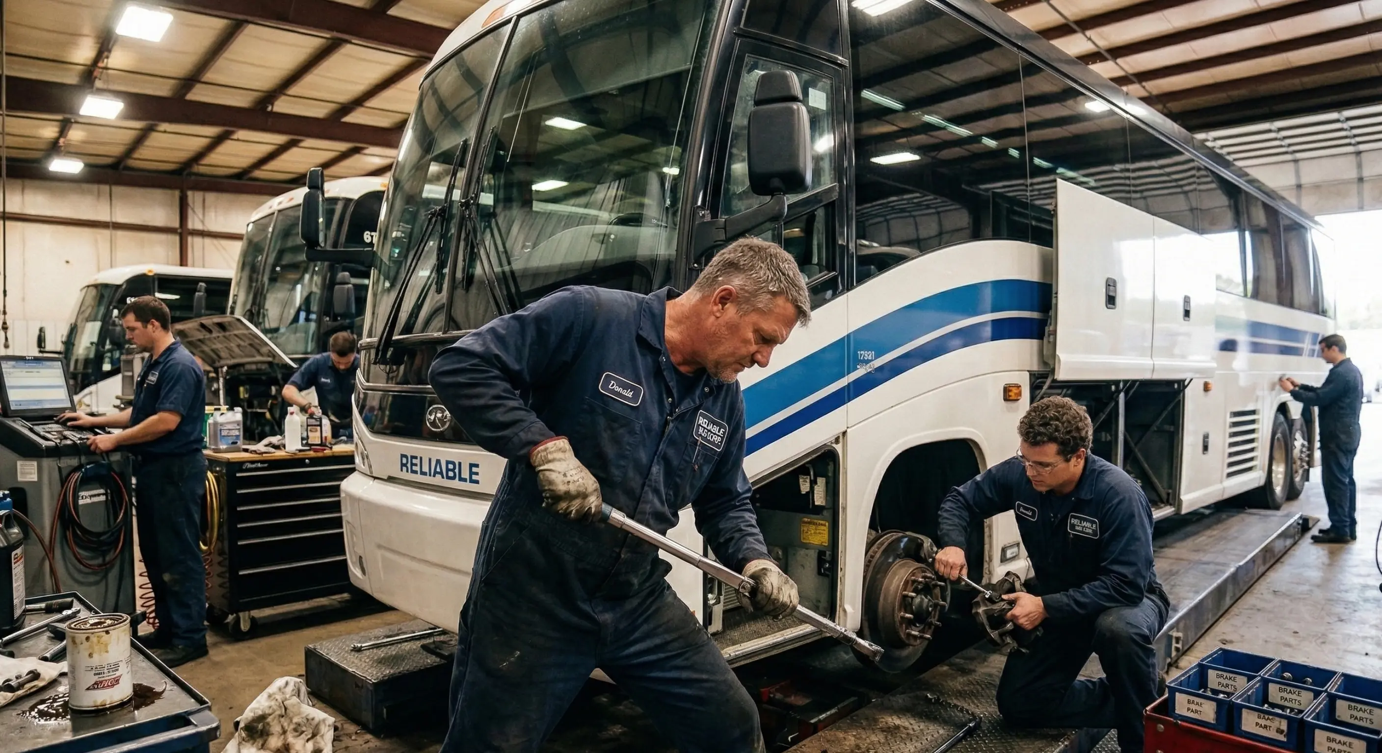 Mechanics servicing a commercial vehicle in a Denver shop