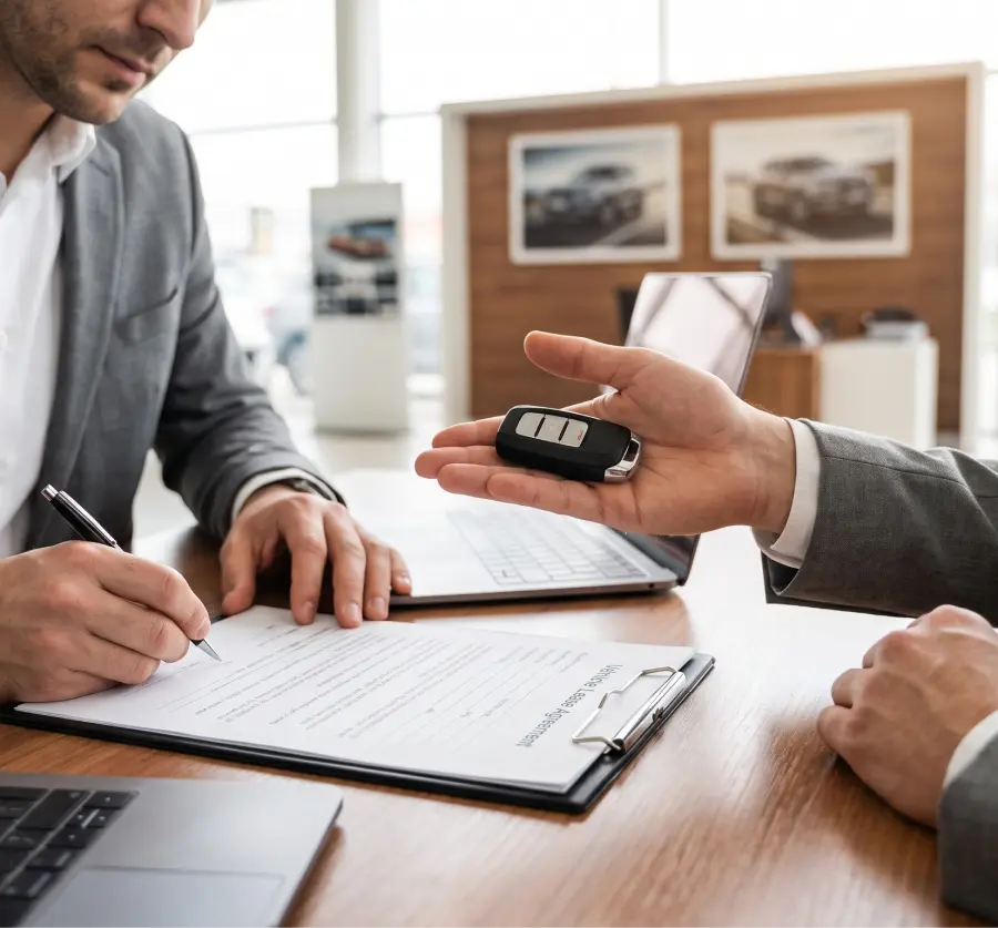 Customer signing auto loan paperwork as he receives the keys to his car in the Mathis Motors finance department in St. Charles, MO