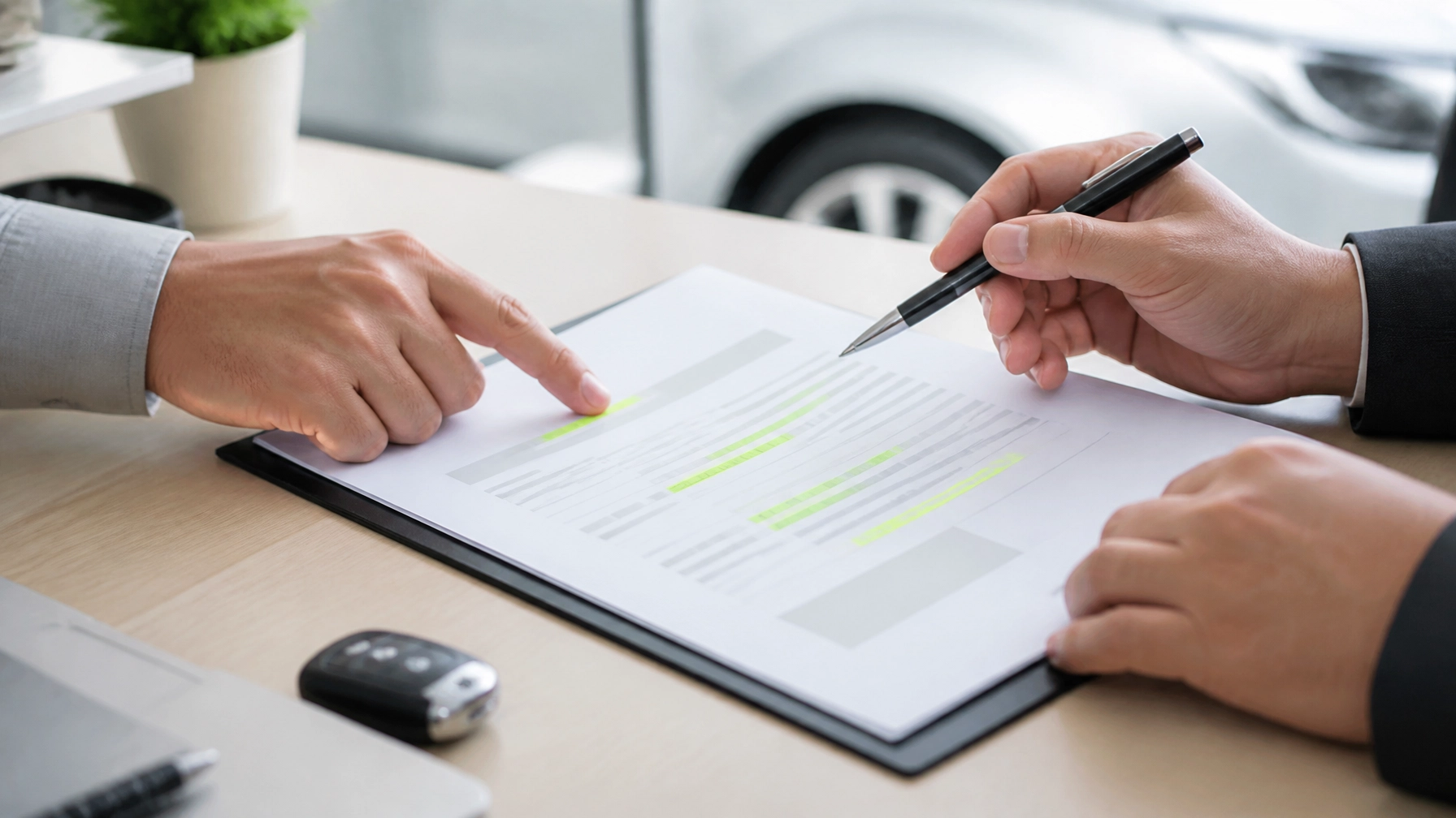 Close-up of a customer and finance manager reviewing a vehicle service contract document