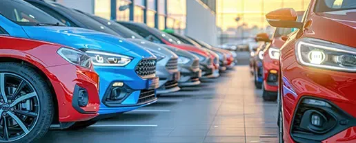 A wide selection of colorful sedans inside a clean dealership showroom