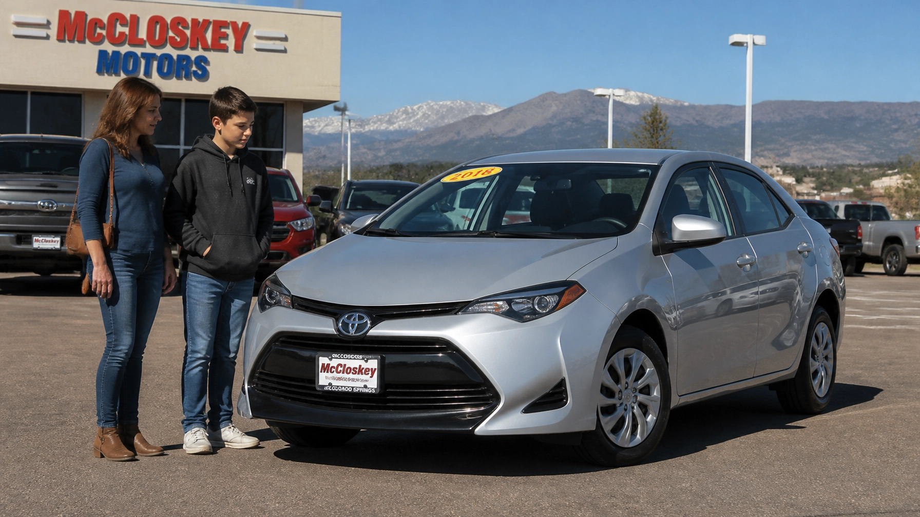 A teen and parent looking at a silver used car at a Colorado Springs dealership