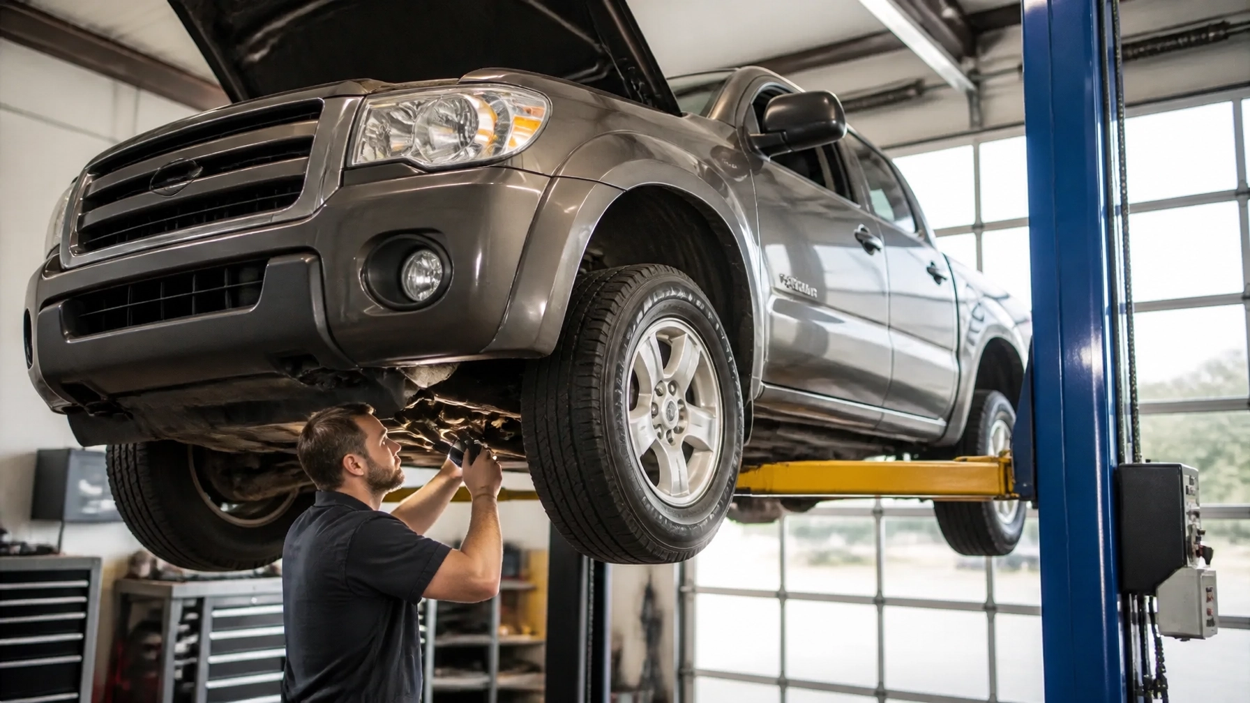 Mechanic inspecting the engine area of a pre-owned pickup truck in a clean service bay