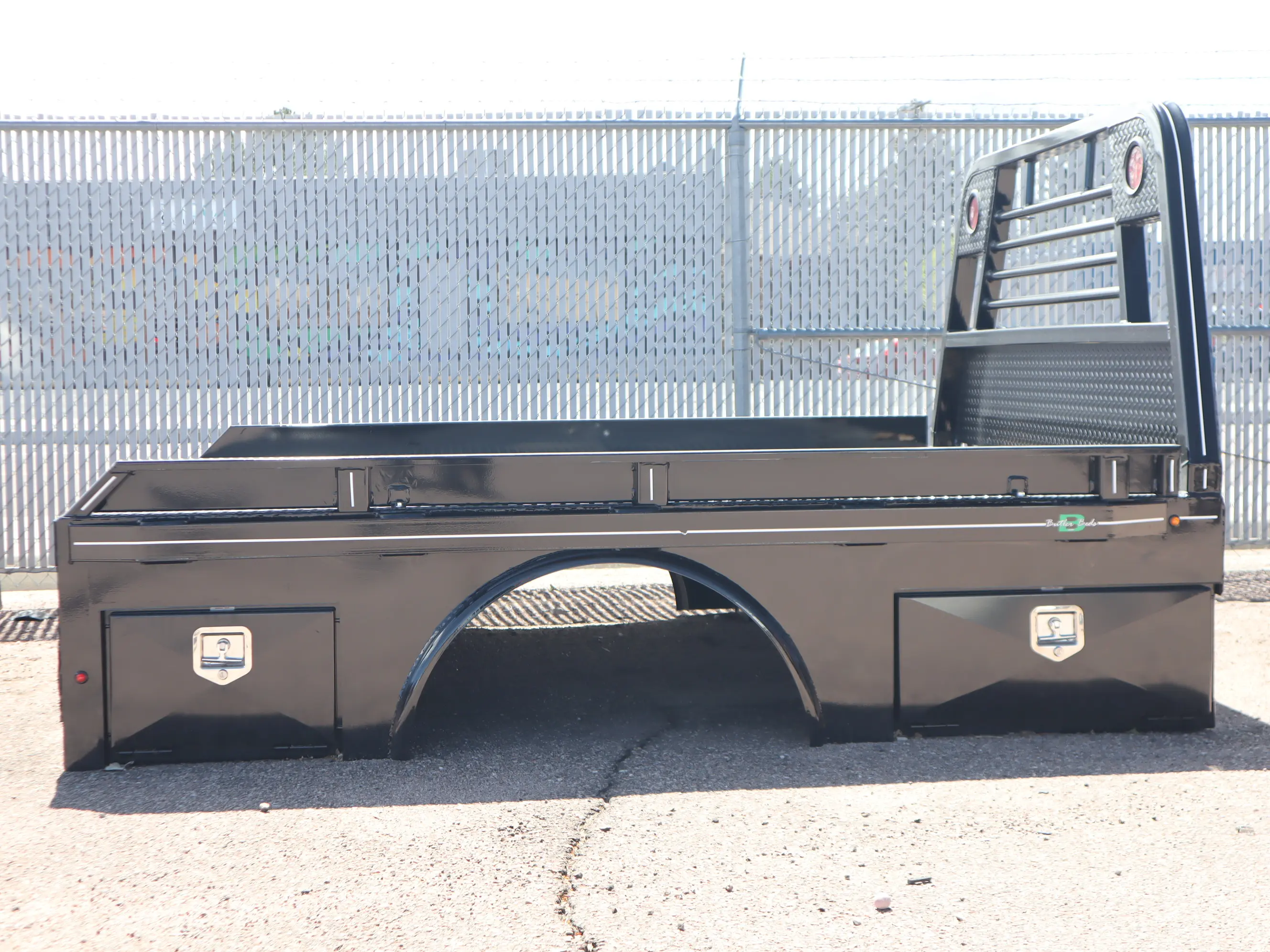 84 x 102 skirted Butler flat bed, driver-side profile view