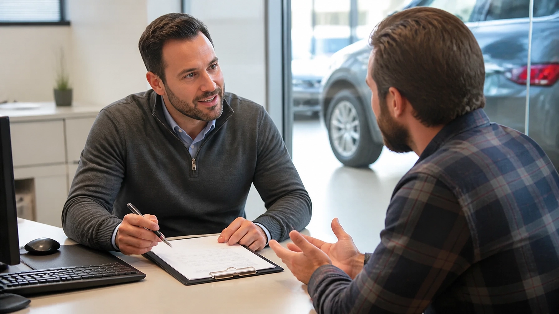 Finance manager explaining vehicle service contract paperwork to a customer at a dealership desk