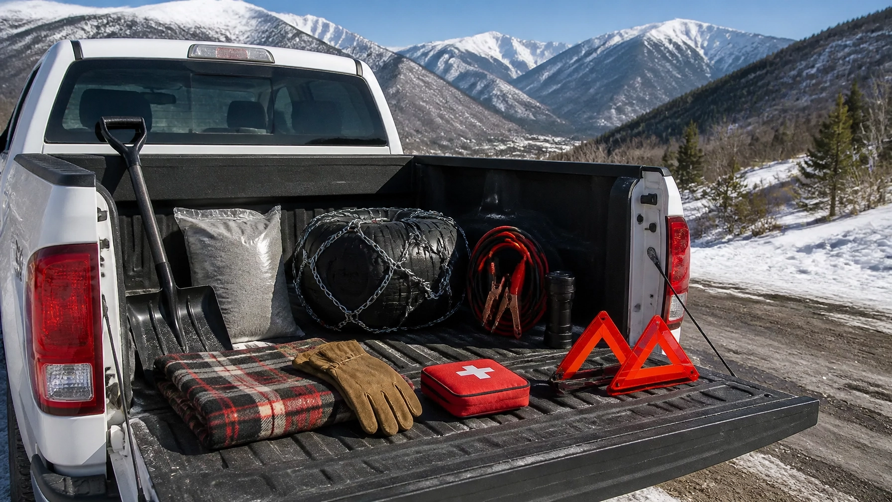 Open pickup truck bed organized with chains, shovel, blanket, and winter emergency supplies