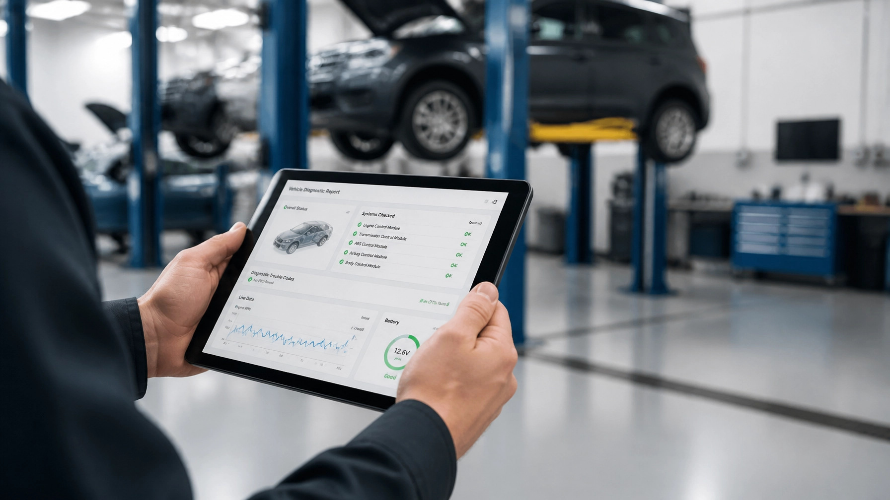 Close-up of a mechanic's hands using a digital diagnostic tablet for a vehicle inspection report
