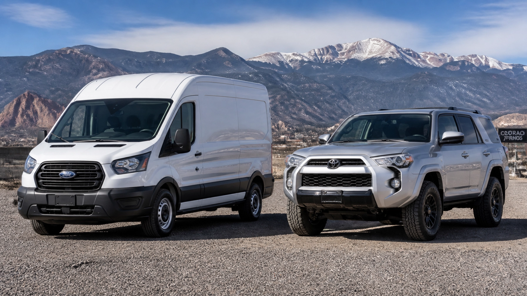 A white cargo van and silver truck parked side-by-side