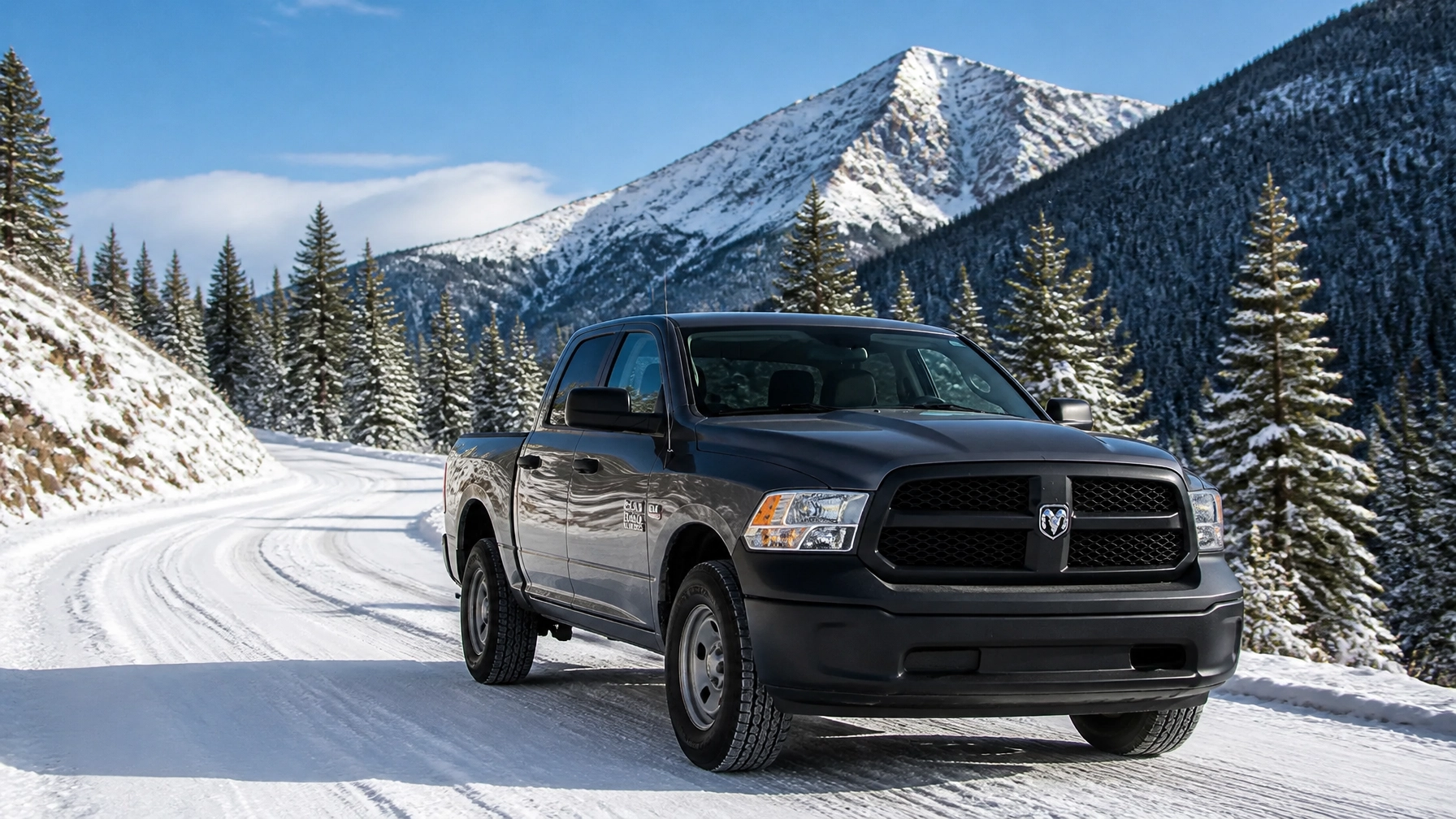 Pickup truck driving on a snowy Colorado mountain road near Pikes Peak