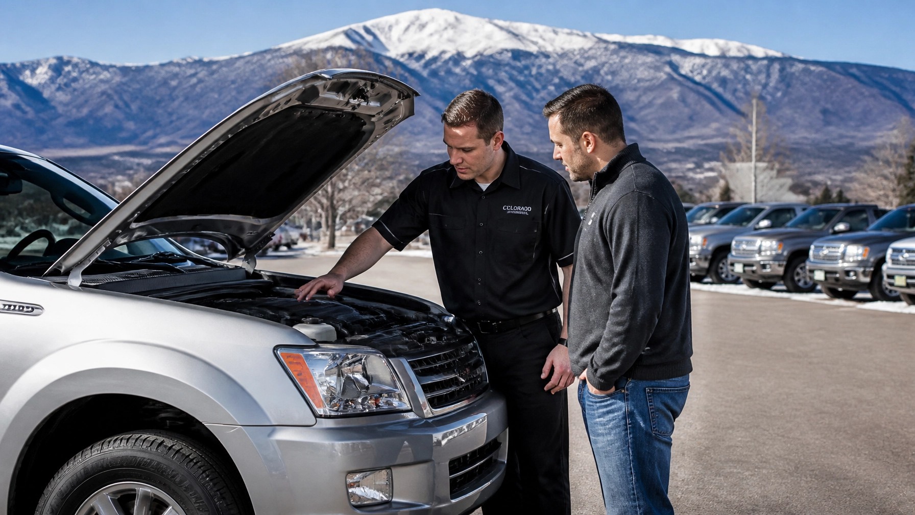 A professional mechanic and a customer inspecting a used SUV at a Colorado Springs dealership
