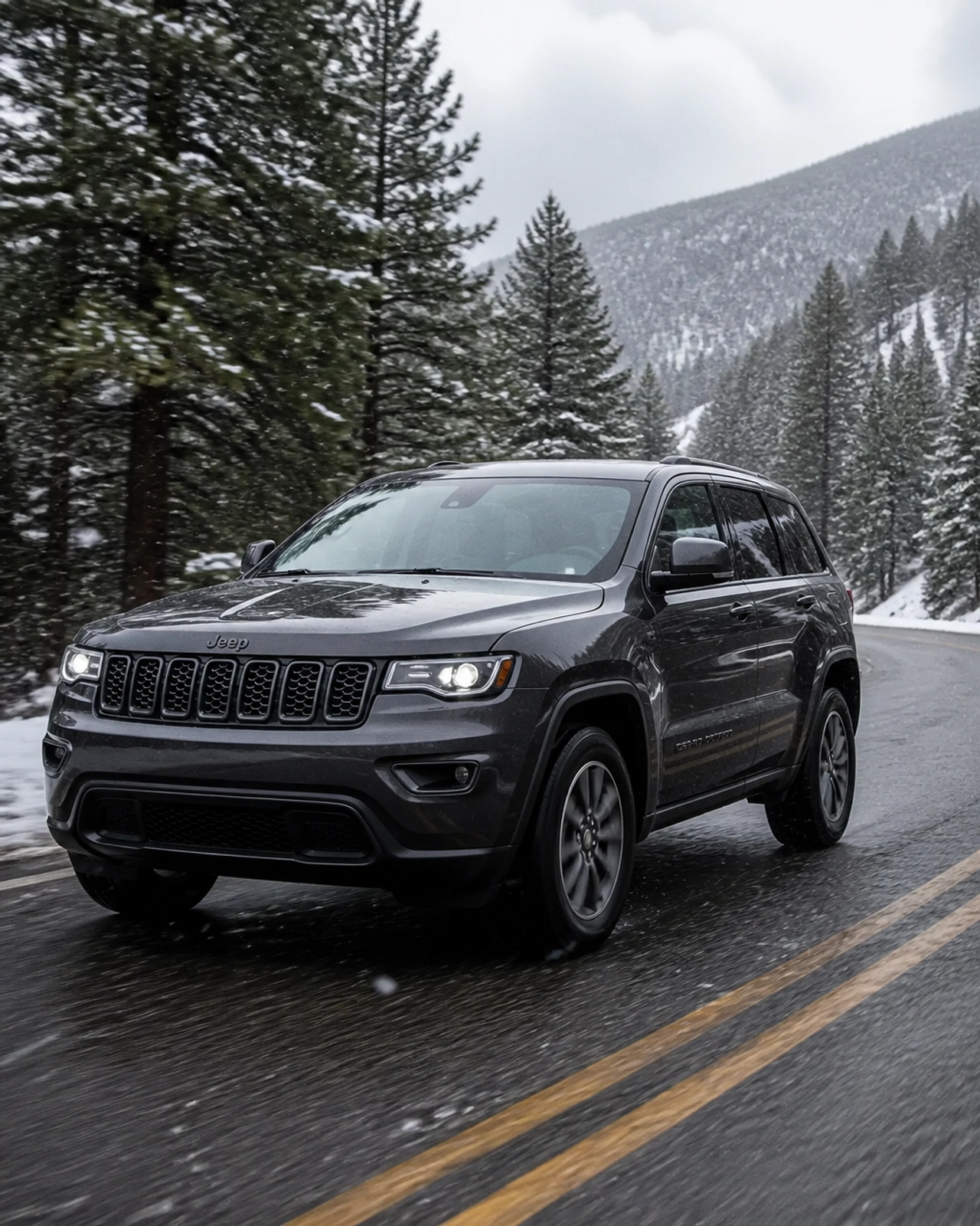 A charcoal gray Jeep Grand Cherokee driving through a light snow on a pine-lined mountain road in Colorado.