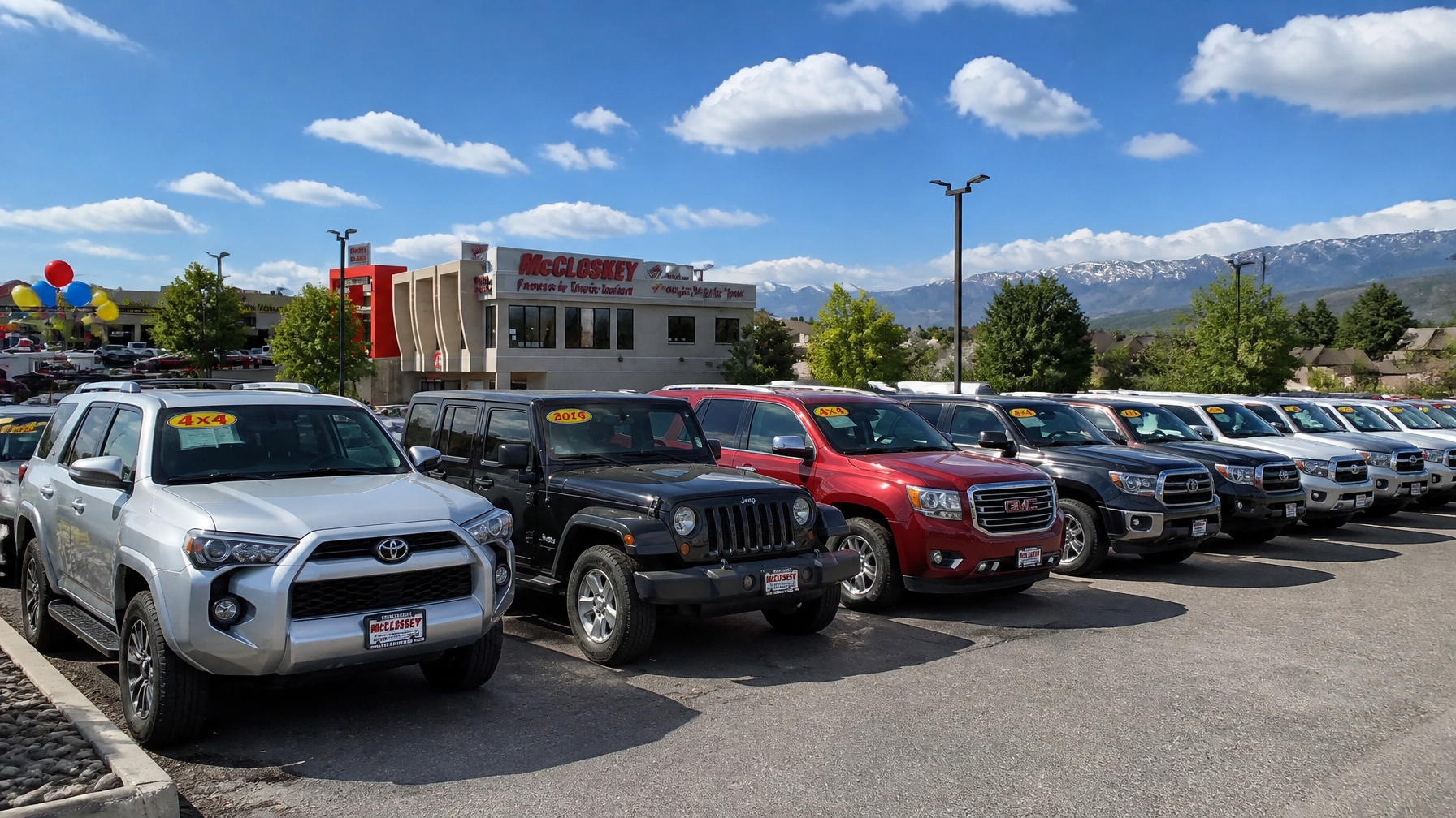 A professional view of the McCloskey Motors dealership lot on North Academy Blvd with a wide selection of SUVs and trucks