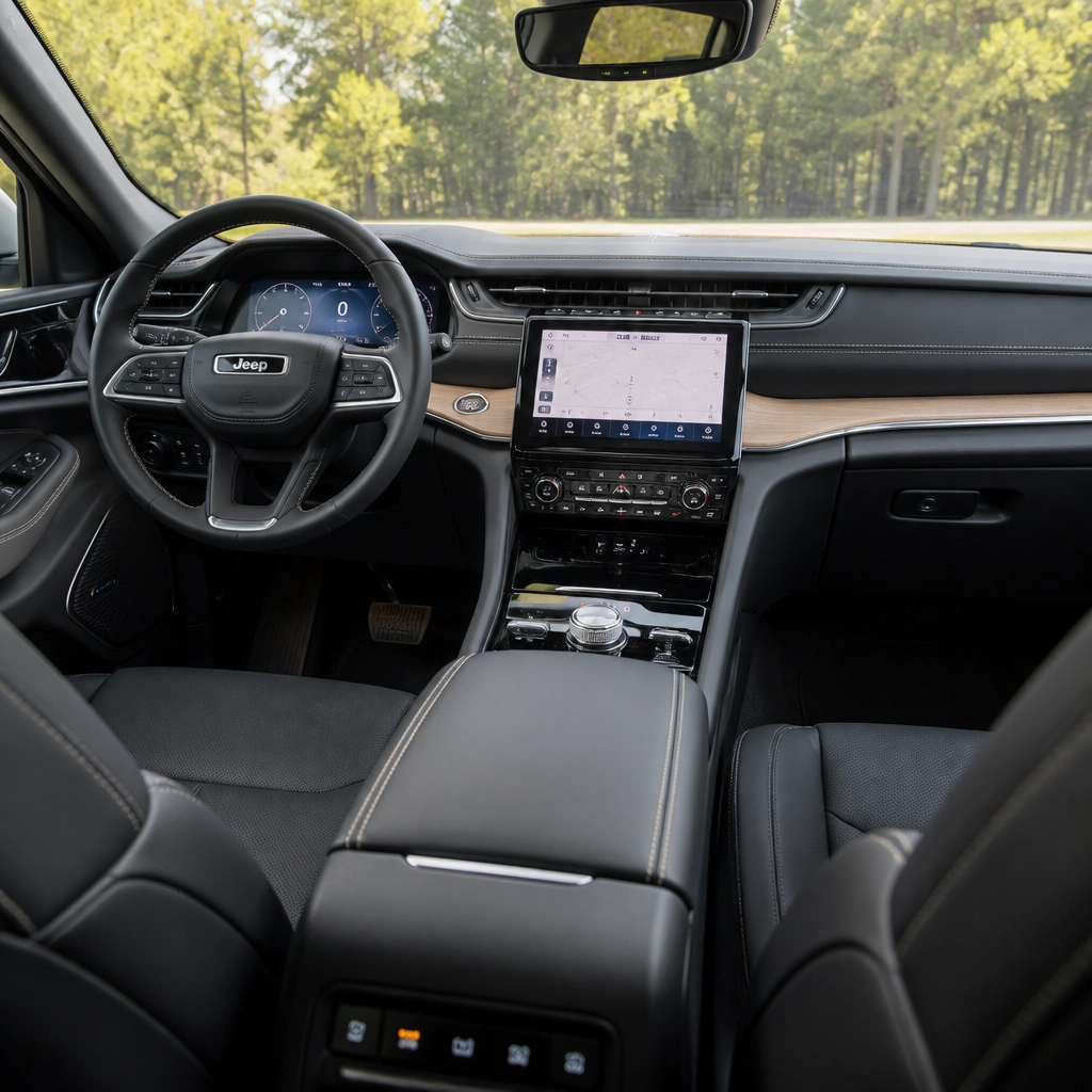The modern and clean interior of a used Jeep showing leather seats and a digital infotainment system.