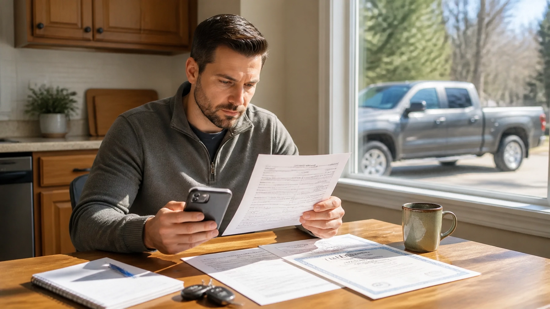 Colorado Springs vehicle owner managing private-sale paperwork at a kitchen table
