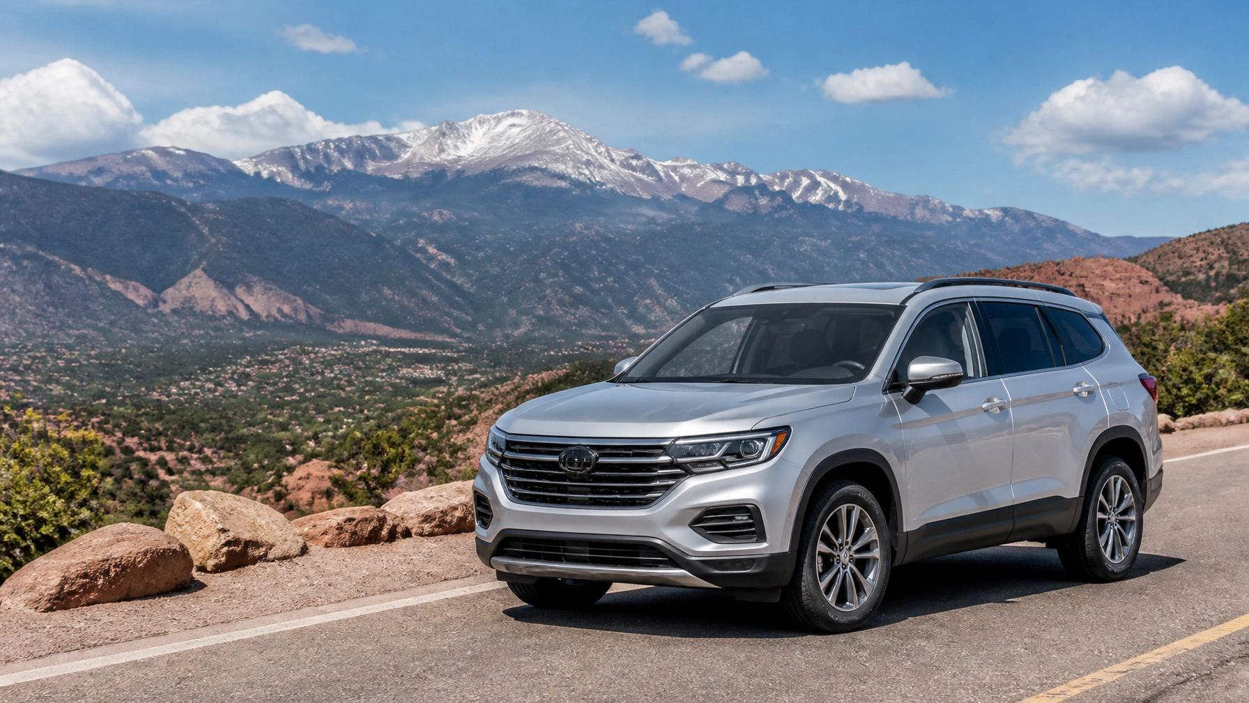 A clean, modern silver SUV parked on a scenic Colorado mountain road with Pikes Peak visible in the distance, representing vehicle longevity and reliability in 2026.