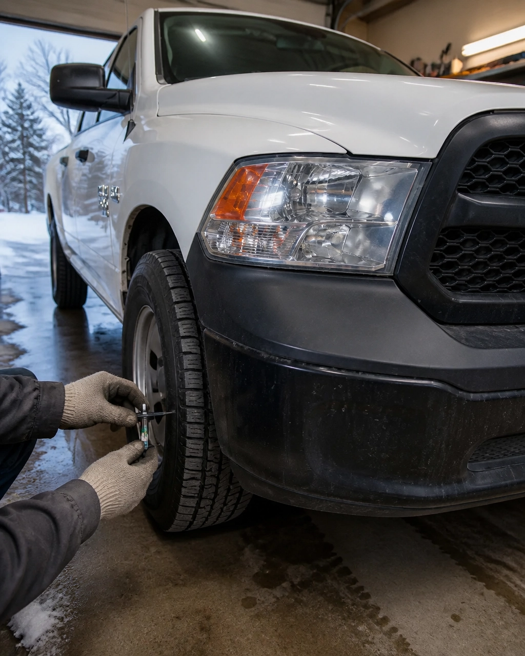 Person checking a tire with a tread depth gauge in a Colorado garage