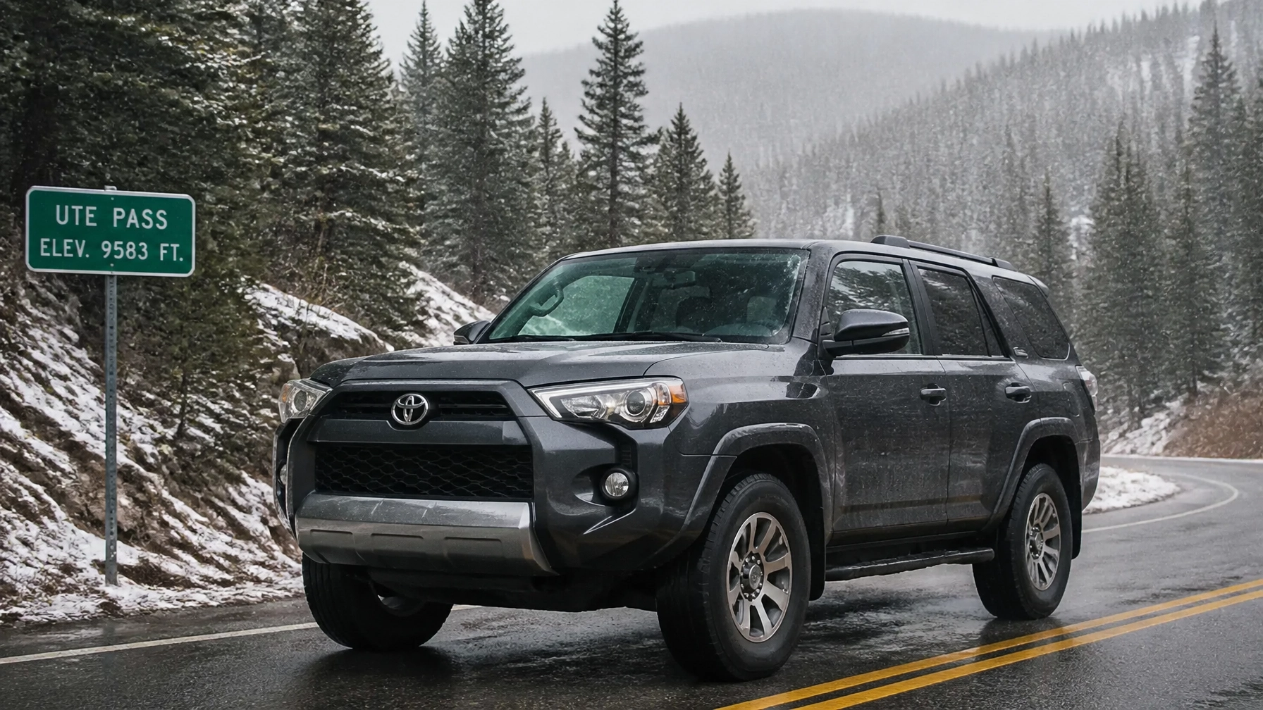 A capable 4x4 SUV driving through light mountain snow near Colorado Springs
