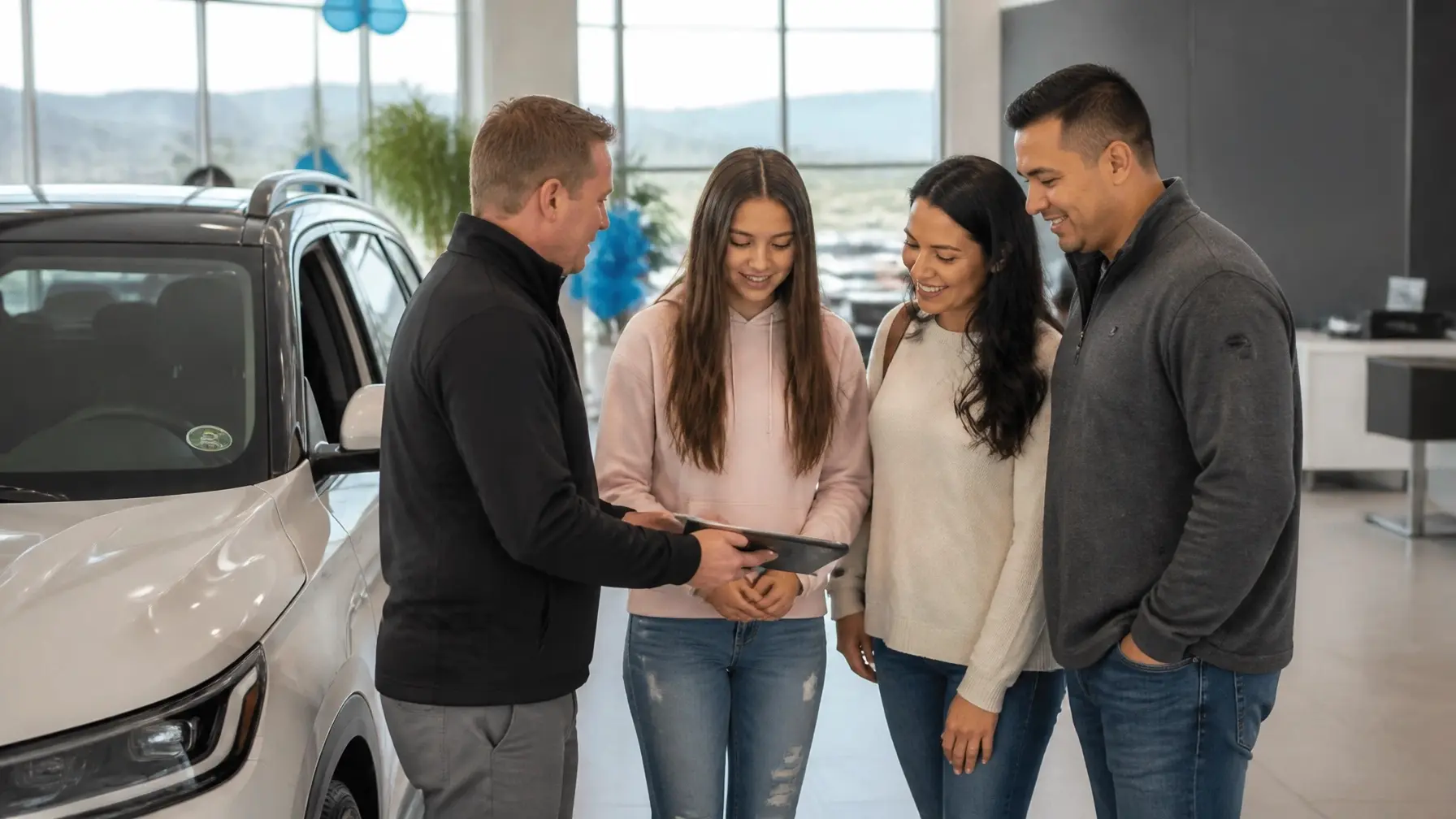 A family talking with a friendly salesperson at a professional dealership