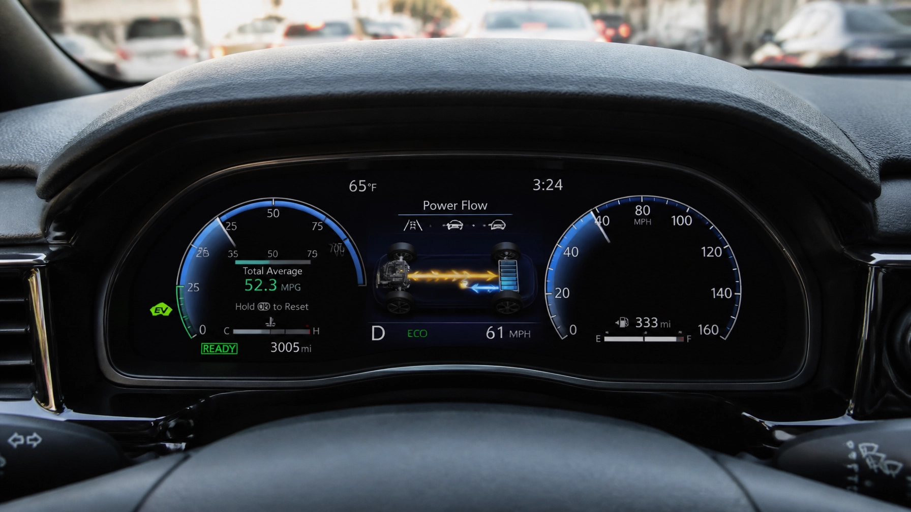 A close-up shot of a hybrid vehicle's digital dashboard showing high fuel efficiency and power flow during a drive through a city environment