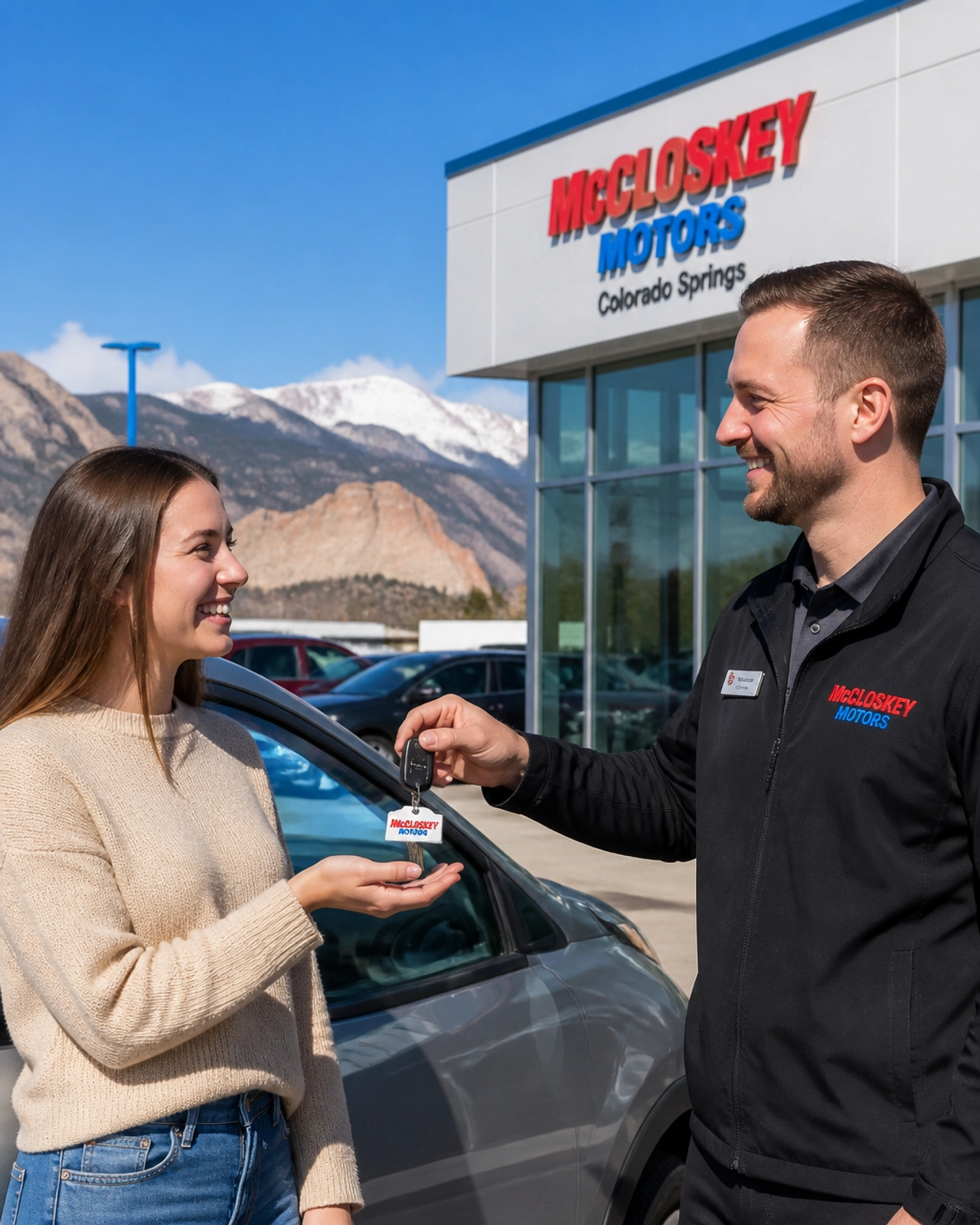 Happy customer receiving car keys at McCloskey Motors in Colorado Springs